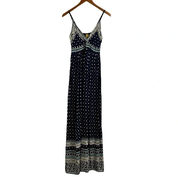 Devi Maxi Dress, Spaghetti Strap Navy Blue Long Boho Rayon Dress, Small / Medium - Picture 1 of 6